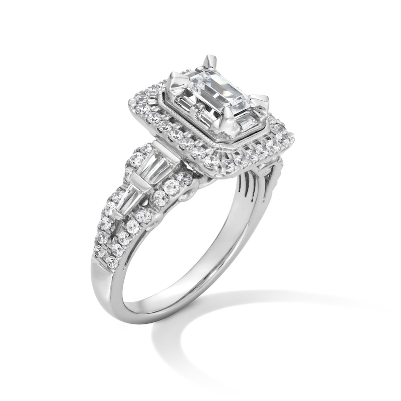 Main Image 3 of 1-1/2 CT. T.W. Emerald-Cut Diamond Double Frame Split Shank Engagement Ring in 14K White Gold