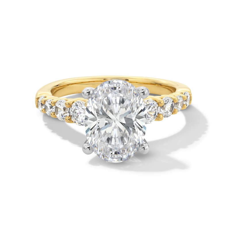 Main Image 1 of 3-3/4 CT. T.W. Oval Certified Lab-Grown Diamond Graduated Shank Engagement Ring in 14K Gold (I/SI2)