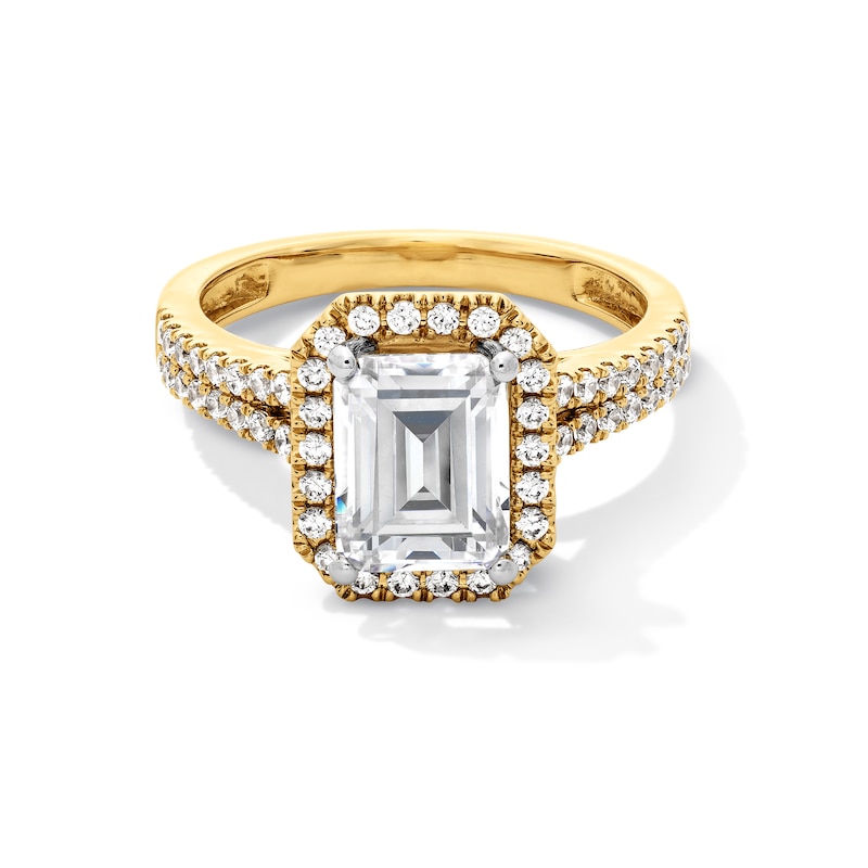 Main Image 1 of 3-1/2 CT. T.W. Emerald-Cut Certified Lab-Grown Diamond Frame Double Row Shank Engagement Ring in 14K Gold (F/SI2)
