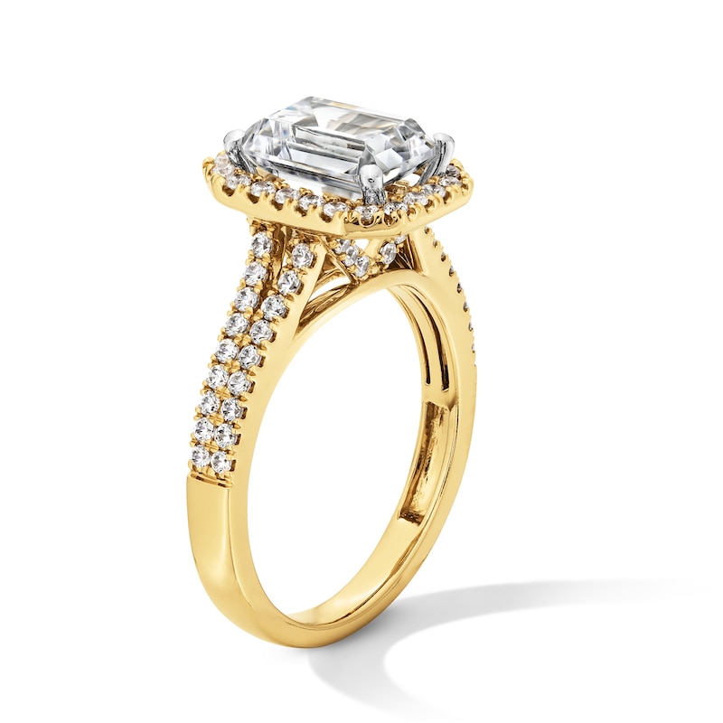 Main Image 3 of 3-1/2 CT. T.W. Emerald-Cut Certified Lab-Grown Diamond Frame Double Row Shank Engagement Ring in 14K Gold (F/SI2)