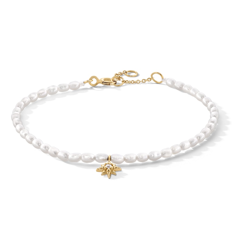 Main Image 1 of Freshwater Cultured Pearl and White Sapphire Star Charm Bracelet in Sterling Silver with 18K Gold Plate