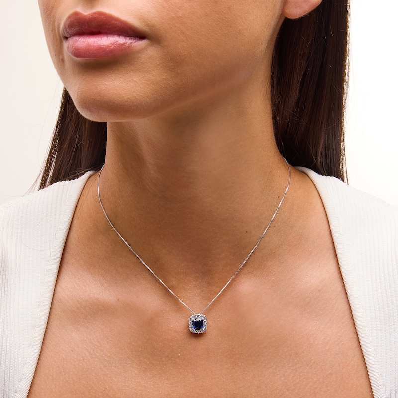 Main Image 2 of Cushion-Cut Blue Lab-Created Sapphire and 1/2 CT. T.W. Certified Lab-Grown Diamond Frame Pendant in 14K White Gold