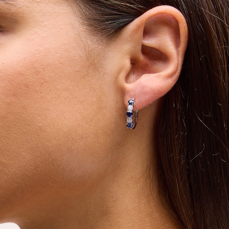 Main Image 2 of Blue Lab-Created Sapphire and 1/2 CT. T.W. Certified Lab-Grown Diamond Hoop Earrings in 14K White Gold (F/SI2)