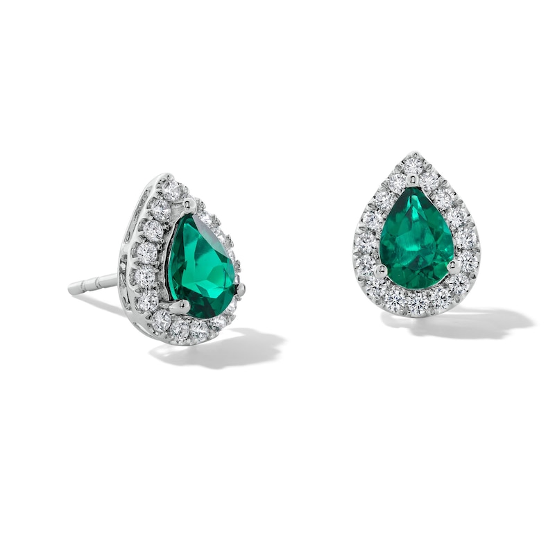Main Image 1 of Pear-Shaped Lab-Created Emerald and 3/8 CT. T.W. Certified Lab-Grown Diamond Frame Stud Earrings in 14K White Gold