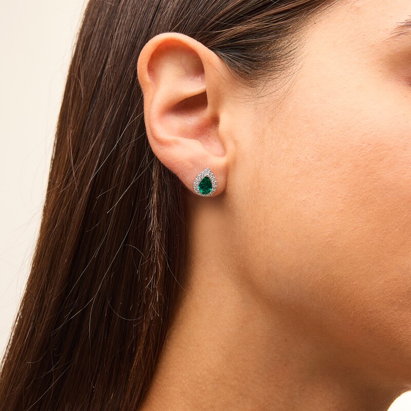 Main Image 2 of Pear-Shaped Lab-Created Emerald and 3/8 CT. T.W. Certified Lab-Grown Diamond Frame Stud Earrings in 14K White Gold