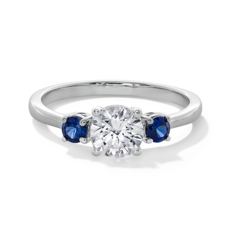 Main Image 1 of Blue Lab-Created Sapphire and 3/4 CT. Certified Lab-Grown Diamond Three Stone Ring in 14K White Gold (F/VS2)