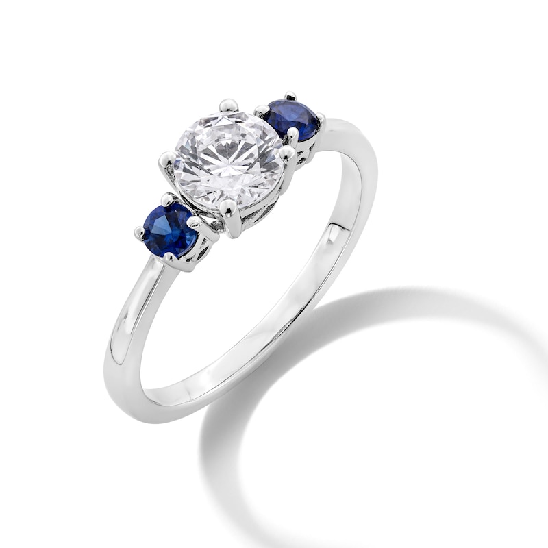 Main Image 3 of Blue Lab-Created Sapphire and 3/4 CT. Certified Lab-Grown Diamond Three Stone Ring in 14K White Gold (F/VS2)
