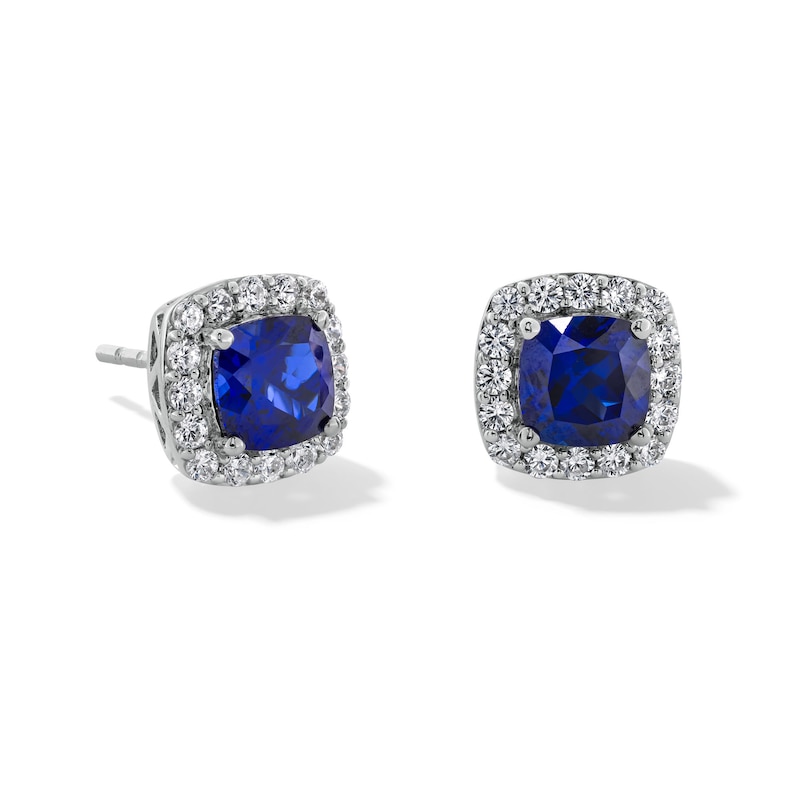 Main Image 1 of Cushion Blue Lab-Created Sapphire and 1/2 CT. T.W. Lab-Grown Diamond Frame Stud Earrings in 14K White Gold