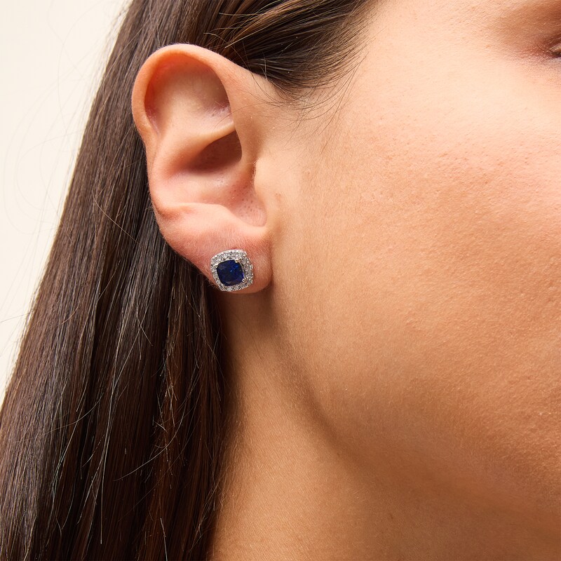 Main Image 2 of Cushion Blue Lab-Created Sapphire and 1/2 CT. T.W. Lab-Grown Diamond Frame Stud Earrings in 14K White Gold