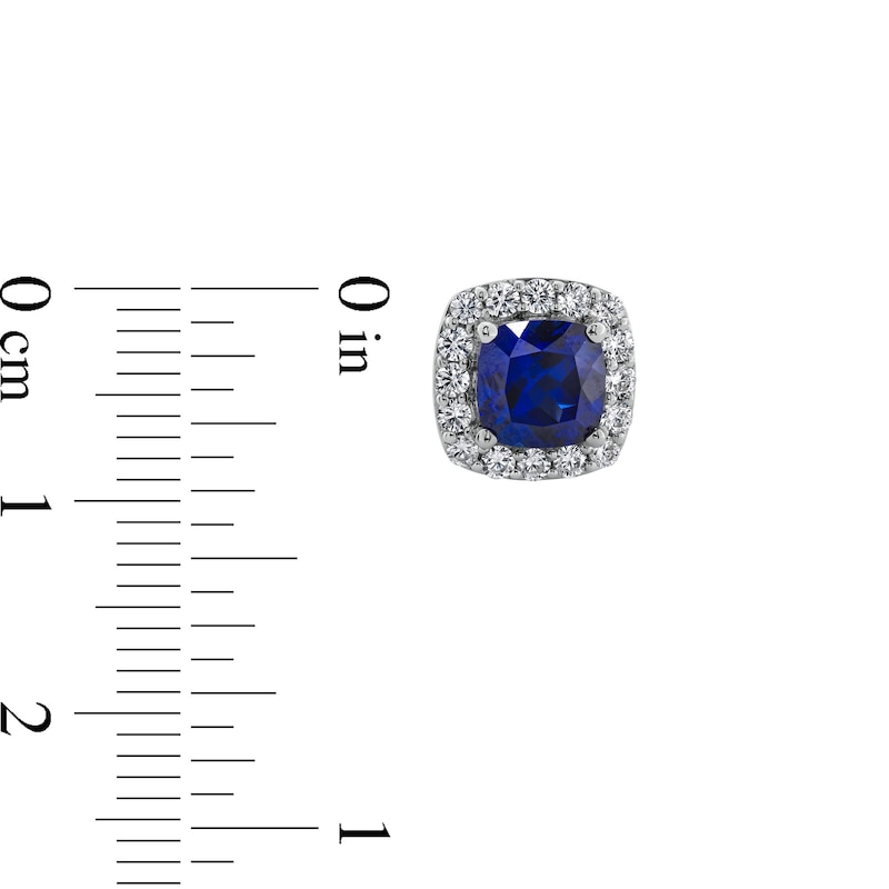 Main Image 3 of Cushion Blue Lab-Created Sapphire and 1/2 CT. T.W. Lab-Grown Diamond Frame Stud Earrings in 14K White Gold