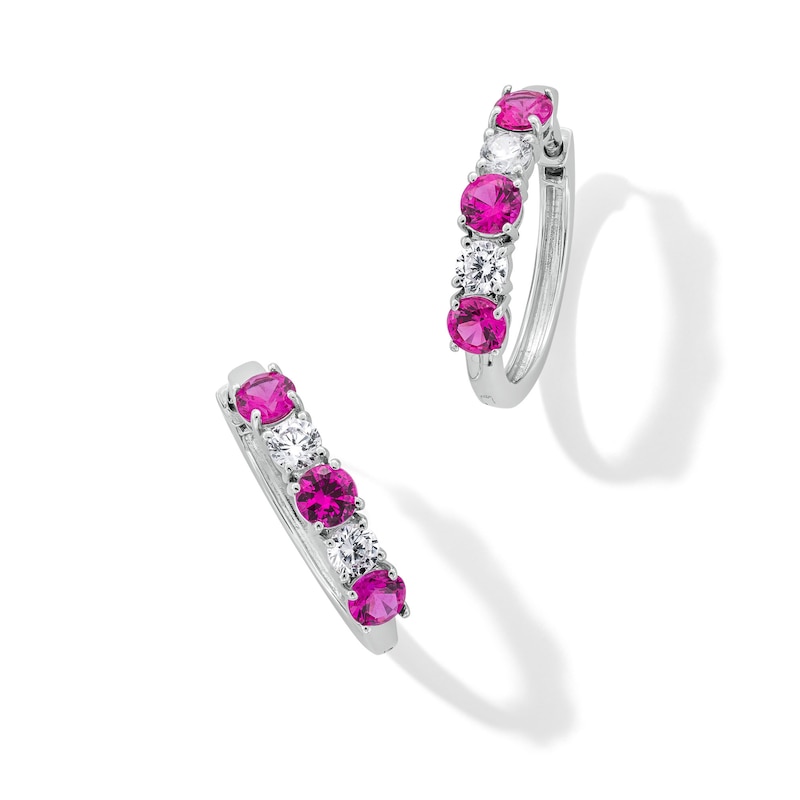 Main Image 1 of Lab-Created Ruby and 1/2 CT. T.W. Certified Lab-Grown Diamond Hoop Earrings in 14K White Gold (F/SI2)