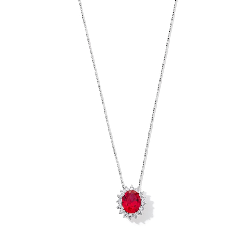 Main Image 1 of Oval Lab-Created Ruby and 1/2 CT. T.W. Certified Lab-Grown Diamond Sunburst Frame Pendant in 14K White Gold (F/SI2)