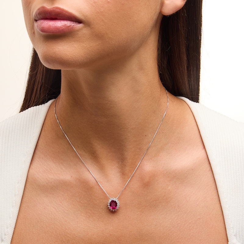 Main Image 2 of Oval Lab-Created Ruby and 1/2 CT. T.W. Certified Lab-Grown Diamond Sunburst Frame Pendant in 14K White Gold (F/SI2)