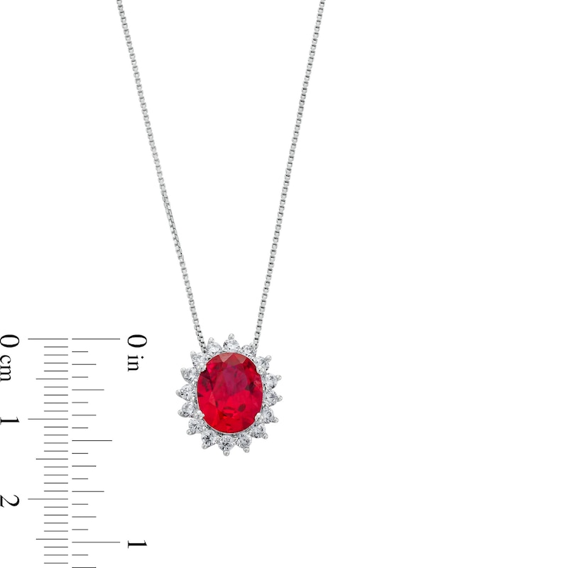 Main Image 4 of Oval Lab-Created Ruby and 1/2 CT. T.W. Certified Lab-Grown Diamond Sunburst Frame Pendant in 14K White Gold (F/SI2)