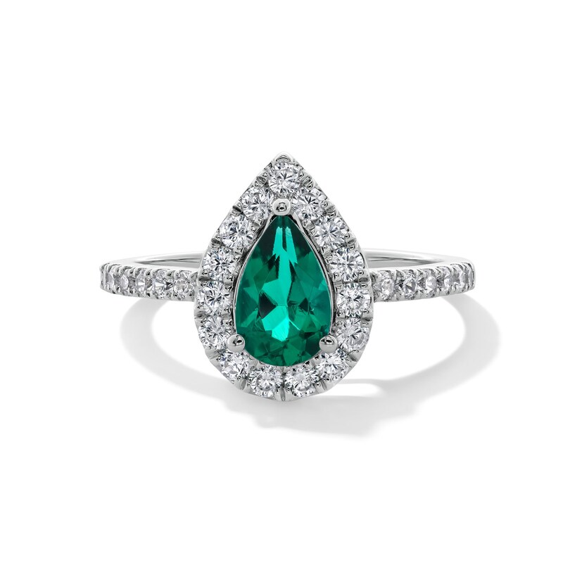 Main Image 1 of Pear-Shaped Lab-Created Emerald and 1/2 CT. T.W. Certified Lab-Grown Diamond Frame Ring in 14K White Gold (F/SI2)
