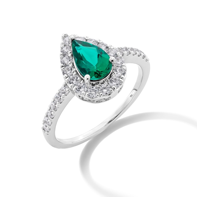 Main Image 3 of Pear-Shaped Lab-Created Emerald and 1/2 CT. T.W. Certified Lab-Grown Diamond Frame Ring in 14K White Gold (F/SI2)