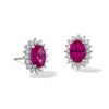 Thumbnail Image 1 of Oval Lab-Created Ruby and 1/3 CT. T.W. Certified Lab-Grown Diamond Sunburst Frame Stud Earrings in 14K White Gold