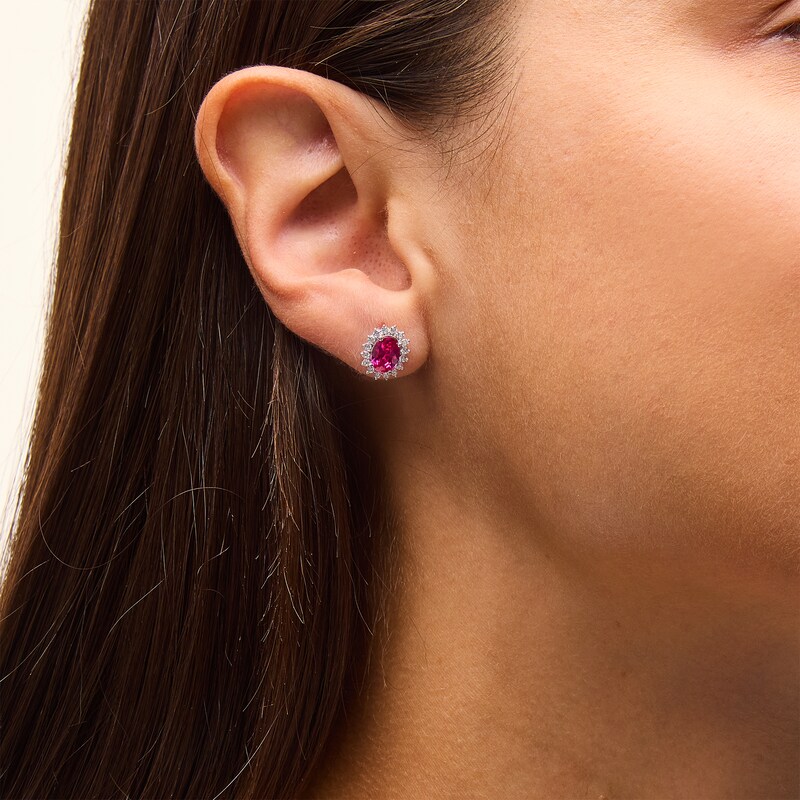 Main Image 2 of Oval Lab-Created Ruby and 1/3 CT. T.W. Certified Lab-Grown Diamond Sunburst Frame Stud Earrings in 14K White Gold