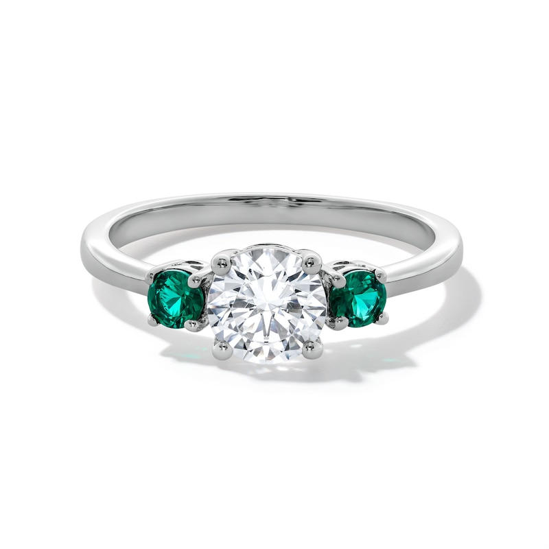 Main Image 1 of Lab-Created Emerald and 3/4 CT. Certified Lab-Grown Diamond Three Stone Ring in 14K White Gold (F/VS2)