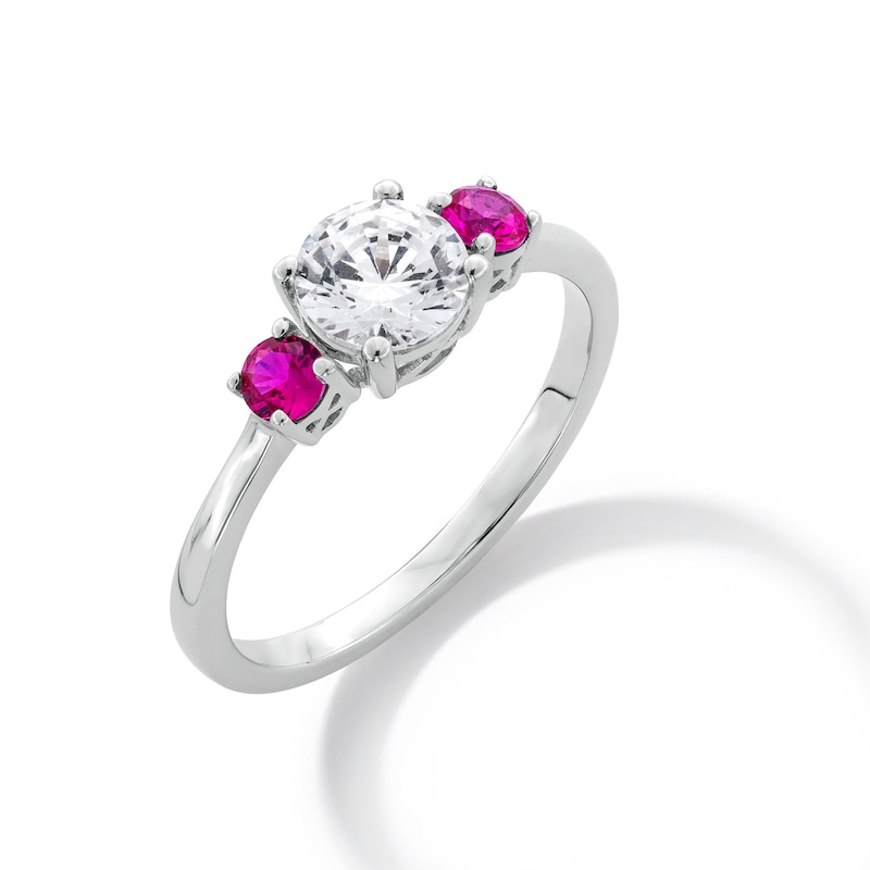 Main Image 3 of Lab-Created Ruby and 3/4 CT. Certified Lab-Grown Diamond Three Stone Ring in 14K White Gold (F/VS2)