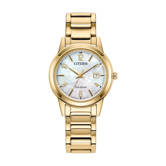 Ladies&acirc; Citizen Eco-Drive&Acirc;&reg; Dress Classic Gold-Tone IP Watch with Mother-of-Pearl Dial (Model: FE1242-78D)