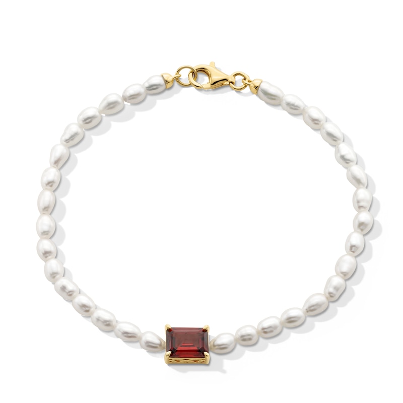 Main Image 1 of Emerald-Cut Lab-Created Ruby and Freshwater Cultured Pearl Bracelet in Sterling Silver with 18K Gold Plate - 7.25"