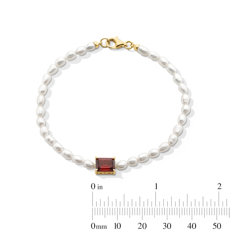 Main Image 2 of Emerald-Cut Lab-Created Ruby and Freshwater Cultured Pearl Bracelet in Sterling Silver with 18K Gold Plate - 7.25"