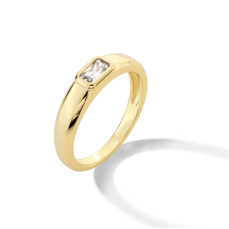 Main Image 2 of 1/3 CT. Emerald-Cut Lab-Grown Diamond Bezel-Set Solitaire Ring in Sterling Silver with 18K Gold Plate