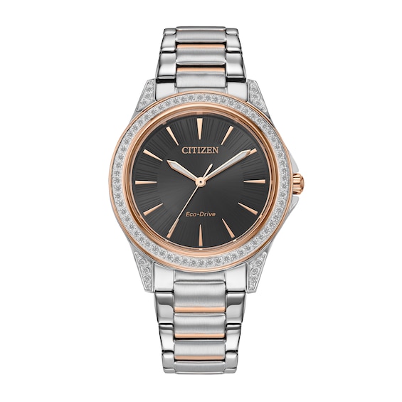 Ladies&acirc; Citizen Eco-Drive&Acirc;&reg; Dress Classic Crystal Accent Two-Tone IP Watch with Black Dial (Model: EM0946-58E)