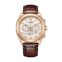 Men’s Citizen Eco-Drive® Dress Classic Rose-Tone IP Leather Strap Chronograph Watch with White Dial (Model: CA4593-15A)