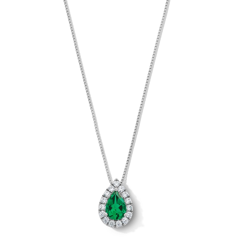 Main Image 1 of Pear-Shaped Lab-Created Emerald and 1/3 CT. T.W. Certified Lab-Grown Diamond Frame Pendant in 14K White Gold (F/SI2)