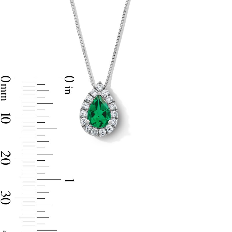 Main Image 4 of Pear-Shaped Lab-Created Emerald and 1/3 CT. T.W. Certified Lab-Grown Diamond Frame Pendant in 14K White Gold (F/SI2)