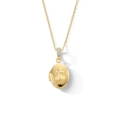 Diamond Accent Cross Oval Locket in Sterling Silver with 18K Gold Plate