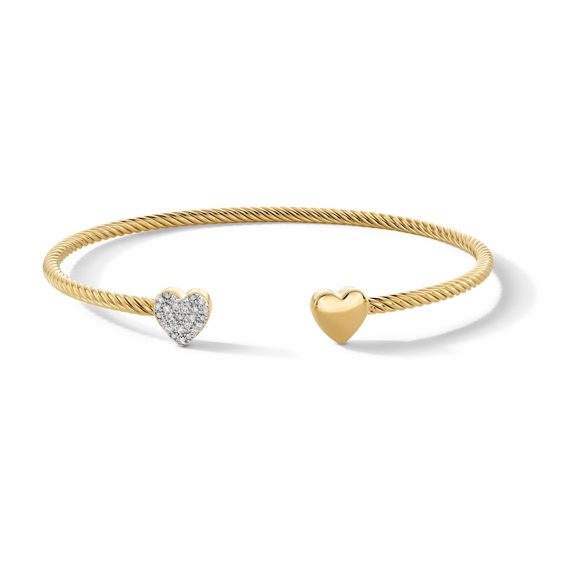 Main Image 1 of 1/10 CT. T.W. Multi-Diamond Double Heart Open Bangle in Sterling Silver with 18K Gold Plate - 7.24"