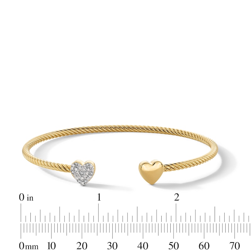 Main Image 3 of 1/10 CT. T.W. Multi-Diamond Double Heart Open Bangle in Sterling Silver with 18K Gold Plate - 7.24"