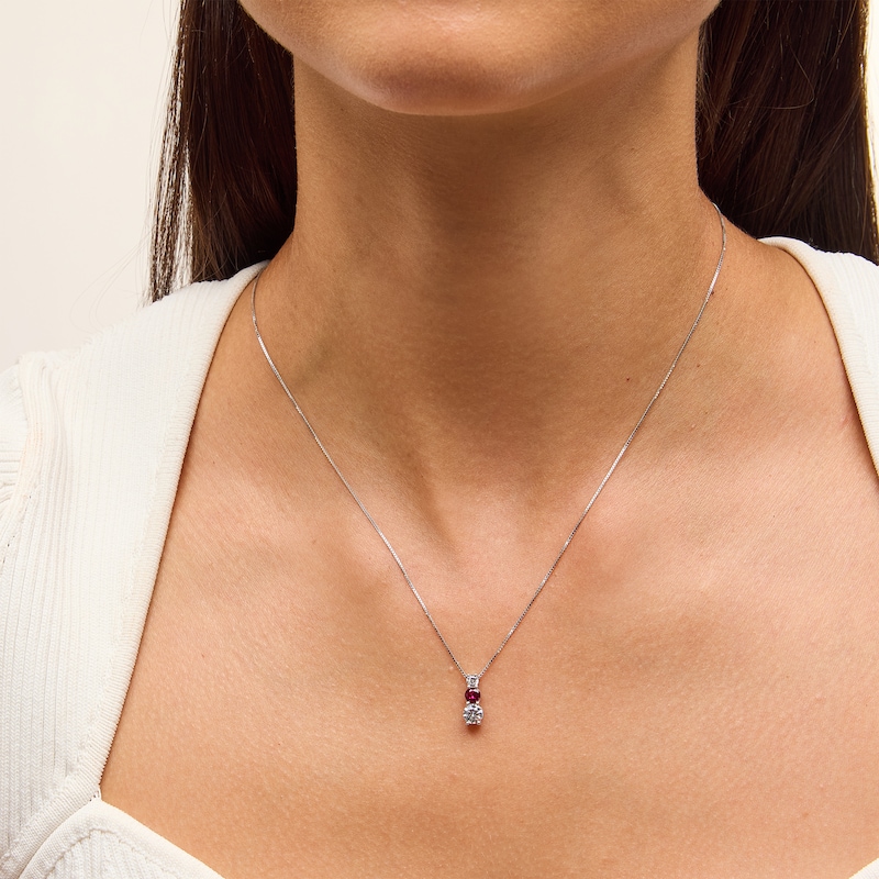 Main Image 2 of Lab-Created Ruby and 5/8 CT. T.W. Certified Lab-Grown Diamond Graduated Trio Pendant in 14K White Gold (F/VS2)