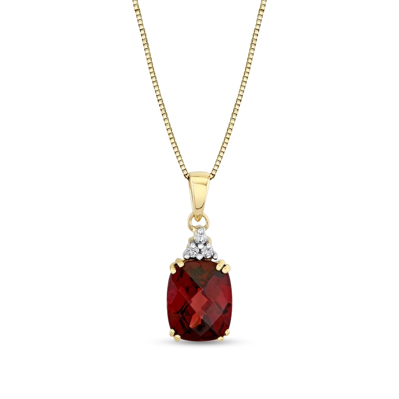 Main Image 1 of Elongated Cushion-Shaped Garnet and 1/20 CT. T.W. Diamond Tri-Top Pendant in 14K Gold