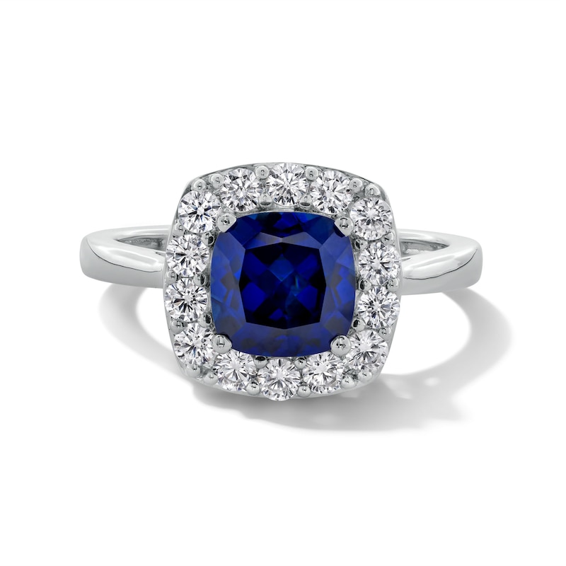 Main Image 1 of Cushion-Cut Blue Lab-Created Sapphire and 1/2 CT. T.W. Certified Lab-Grown Diamond Frame Ring in 14K White Gold