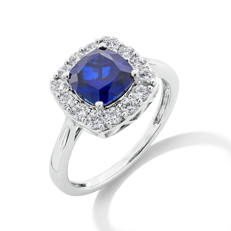 Main Image 3 of Cushion-Cut Blue Lab-Created Sapphire and 1/2 CT. T.W. Certified Lab-Grown Diamond Frame Ring in 14K White Gold