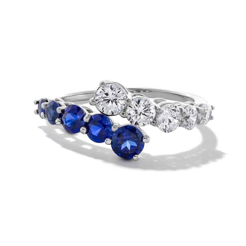 Main Image 1 of Blue Lab-Created Sapphire and 3/4 CT. T.W. Certified Lab-Grown Diamond Graduated Bypass Ring in 14K White Gold