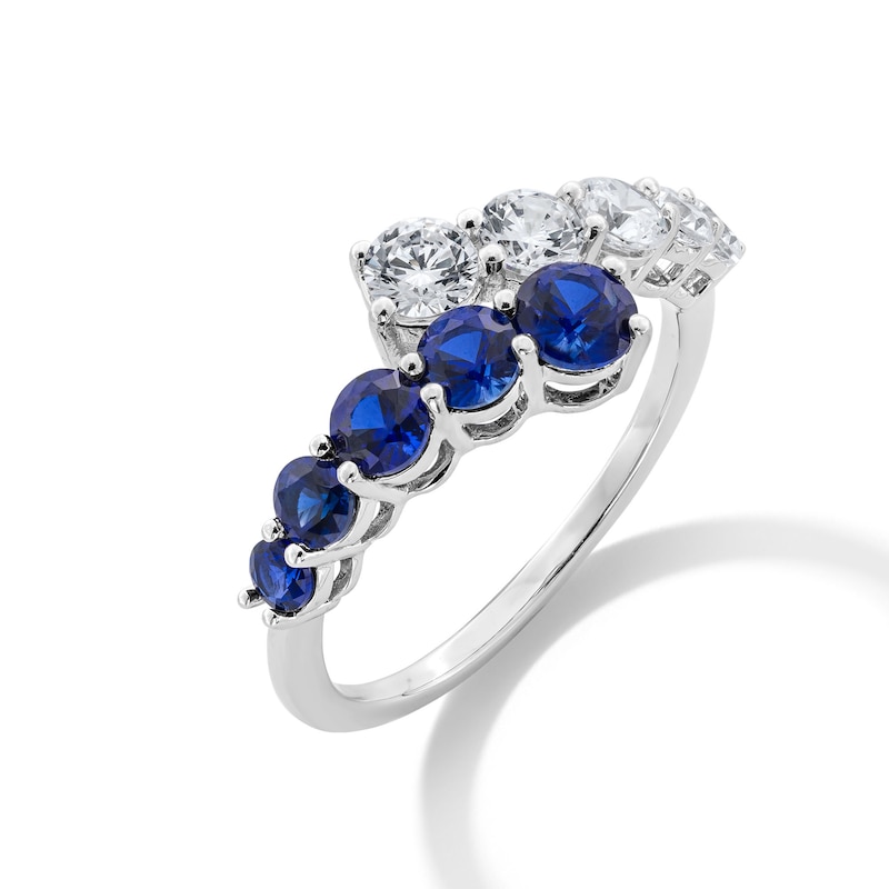 Main Image 3 of Blue Lab-Created Sapphire and 3/4 CT. T.W. Certified Lab-Grown Diamond Graduated Bypass Ring in 14K White Gold