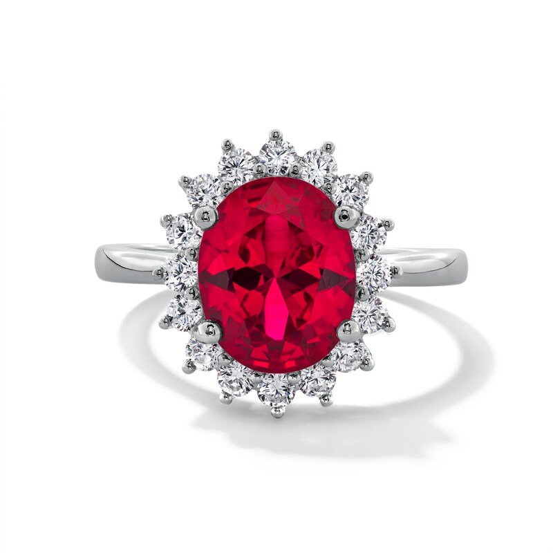 Main Image 1 of Oval Lab-Created Ruby and 1/2 CT. T.W. Certified Lab-Grown Diamond Sunburst Frame Ring in 14K White Gold (F/SI2)