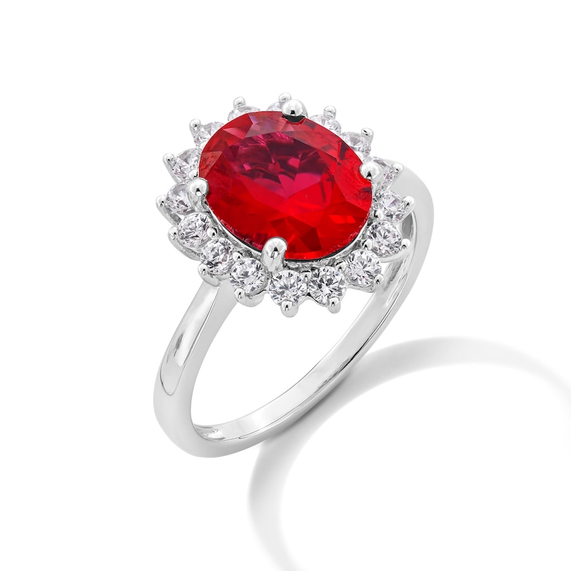Main Image 3 of Oval Lab-Created Ruby and 1/2 CT. T.W. Certified Lab-Grown Diamond Sunburst Frame Ring in 14K White Gold (F/SI2)