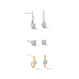 1/4 CT. T.W. Diamond Miracle Solitaire Three Pair Earrings Set in Sterling Silver and 14K Gold Plate