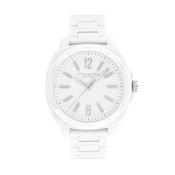 Ladies’ Coach Kitt Crystal Accent White Ceramic Watch with White Dial (Model: 14504407)