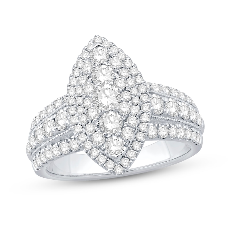 Main Image 1 of 1-1/2 CT. T.W. Multi-Diamond Double Marquise Frame Triple Row Shank Engagement Ring in 14K White Gold