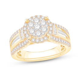 1 CT. T.W. Multi-Diamond Frame Collar Triple Row Shank Engagement Ring in 14K Gold