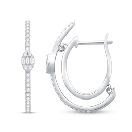 1/2 CT. T.W. Baguette-Cut and Round Diamond Double Hoop Earrings in 10K White Gold