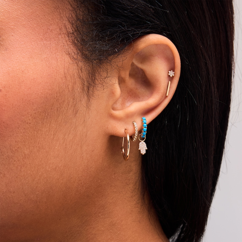 Main Image 3 of Turquoise and 1/20 CT. T.W. Lab-Grown Diamond Hamsa Dangle Single Hoop Earring in 14K Gold