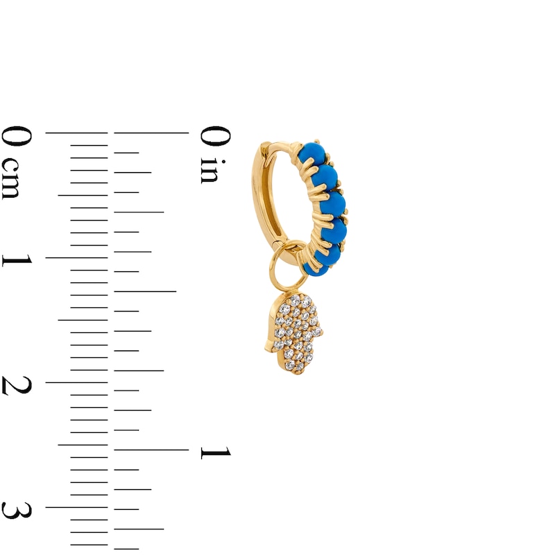 Main Image 4 of Turquoise and 1/20 CT. T.W. Lab-Grown Diamond Hamsa Dangle Single Hoop Earring in 14K Gold